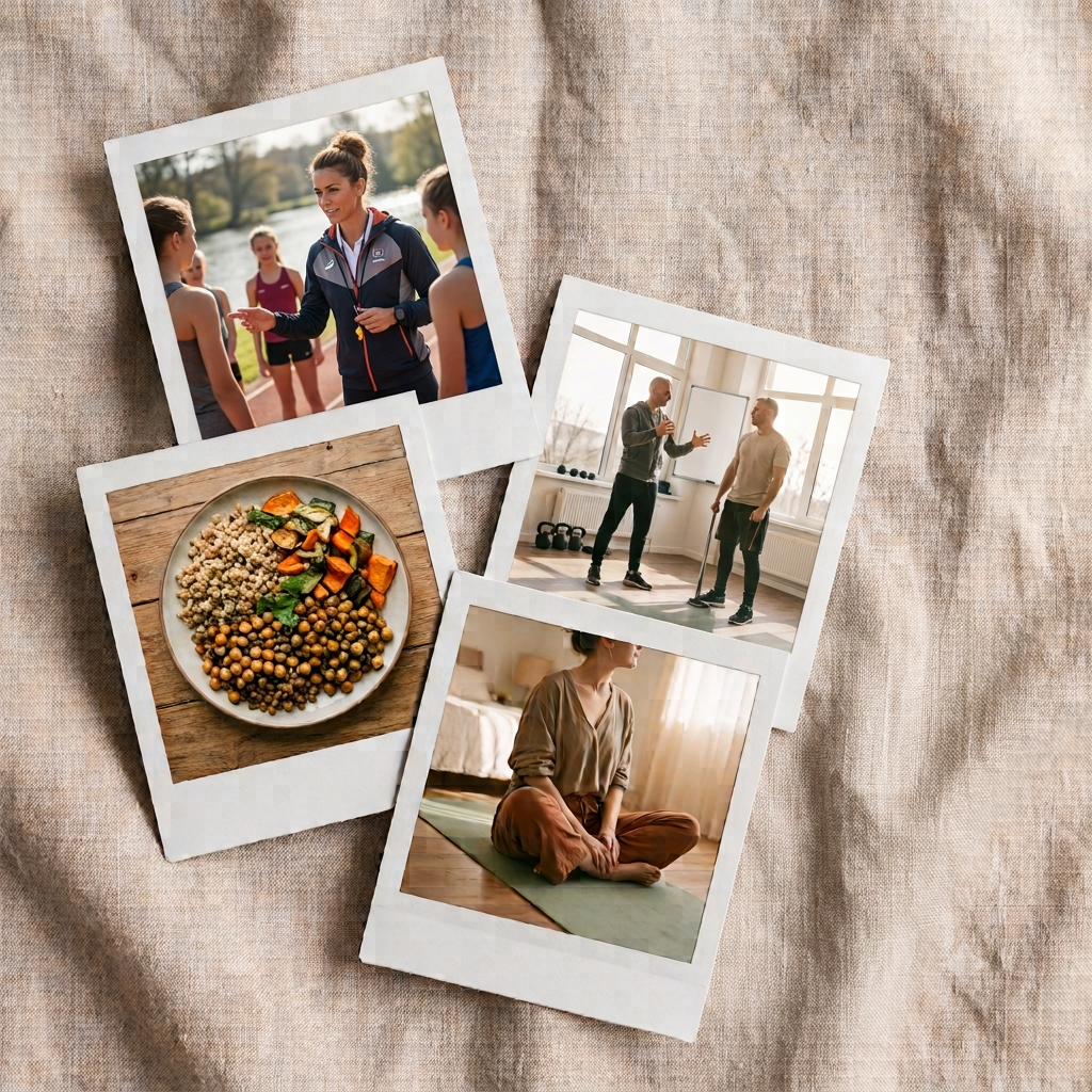 Regroupement de 4 photos polaroid : accompagnement par des coachs sportifs, un repas équilibré, et une séance de yoga